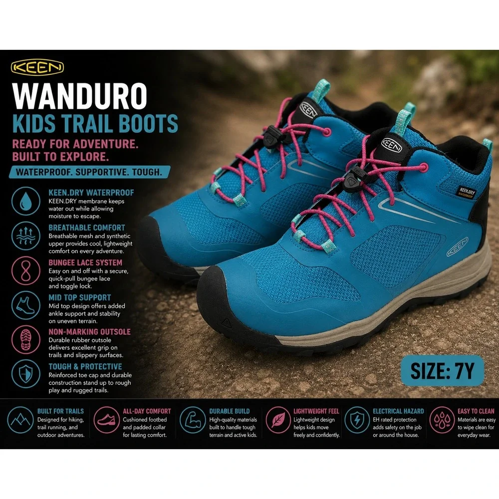 KEEN Wanduro Kids 7Y Blue Pink Mid Waterproof Trail Running Hiking Boots 1027896